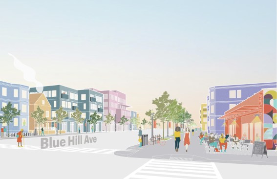 Plan: Mattapan illustrative perspective translating community priorities of expansive housing, green space and economic opportunities, for growth of neighborhood.