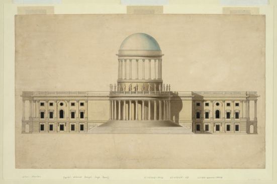 Revised Design for the Capitol by William Thornton, ca. 1797 
Library of Congress, Prints & Photographs Division, LC-DIG-ppmsca-19858  William Thornton’s designs for the central section of the Capitol featured a large rotunda capped with a broad, low dome, coupled with a conference room with a narrower dome raised on tall columns. The balustrade ringing the top of the central bay was lined with large statues, which curator Martin Moellner calls “an odd departure from the restraint Thornton had shown in previous designs.” During the rush to complete the north wing before Congress’s move to Washington in 1800, the plan was abandoned.