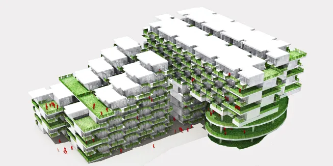 Alternately stacked geometries resulted in an open space which can be used for meeting spot and green areas