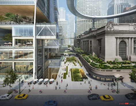 Future buildings alongside Grand Central, with pedestrian walkways.