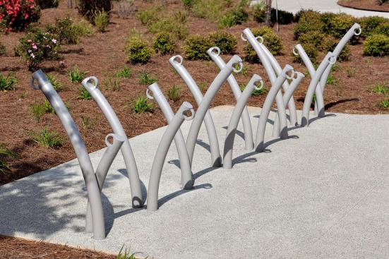Bike Garden Bike Racks shown in cast-in-place configuration with Aluminum Texture powdercoat at Historic Fourth Ward Park, Atlanta, Georgia