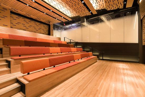 Partition wall in ViviGraphix Gradiance glass with Standard finish and Scatter interlayer at the Elinor Bunin Munroe Film Center in New York, New York
