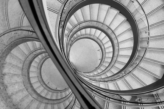 The helical stair is a feature of the fie-storey atrium of the Papadakis Integrated Sciences building