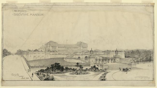Proposed Executive Mansion on Meridian Hill by Paul J. Pelz, 1898
Library of Congress, Prints & Photographs Division, LC-DIG-ppmsca-31528  Among the many unbuilt schemes planned for the site that is now Meridian Hill Park, the most lavish was envisioned by Mary Foote Henderson, the wife of a former senator from Missouri who lived across 16th St. Having already developed a number of lavish houses that transformed 16th St. into Washington’s first embassy row, Henderson commissioned architect Paul Peltz to design a new Executive Mansion. Though his plans were stunning, featuring wide terraces and steep staircases sloping toward Boundary Street (now Florida Avenue), they remained on the boards, as Henderson was unable to convince Congress of the need for a new residence for the First Family.