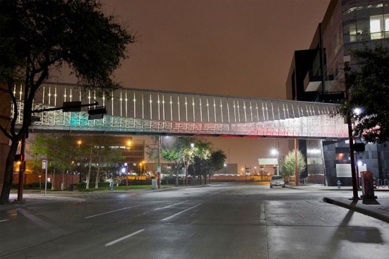 Bridge upper panels in Stainless Steel with Sandstone finish and custom Eco-Etch pattern; lower panels in Stainless Steel with Sandstone finish and custom screen pattern at the Houston Ballet Center for Dance, Houston, Texas