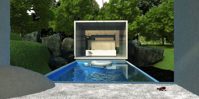View of floating bed, pool & kitchen from living