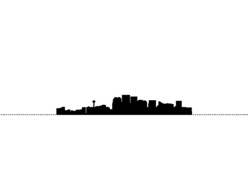 Diagram: Calgary skyline showing cluster of highrises with outlying residential areas.
