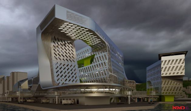 Waterside view of gateway tower.
