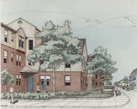 A+sketch+of+proposed+renovations+to+the+exterior+and+interventions+into+the+streetscape.