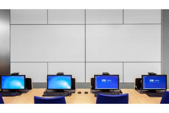 LEVELe Wall System with Blind panels; insets in ViviChrome Scribe glass with White interlayer and Pearlex finish; Stainless Steel with Linen finish at Florida International University - Ryder School of Business, Media Labs, Miami, Florida