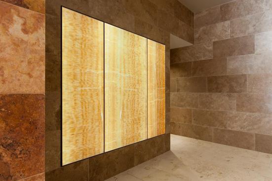 LightPlane Panels in ViviStone Honey Onyx with Pearlex finish shown illuminated at the Woolworth Building, Eugene, Oregon
