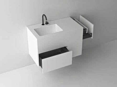Designed for small spaces, the Quadtwo is packed with storage areas with the option for additional lateral drawers. The vanity is available in a range of colors with a white matte worktop and sink.
