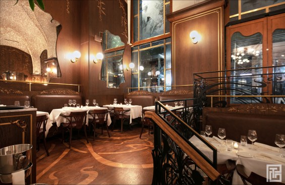 INTERIOR/
From the central entrance and bar, the restaurant splits into two zones, each a reinterpretation of early 20th century Parisian dining. On the north is the informal, casual dining while on the south, through the stained glass doors is the formal dining room. Both sides of the restaurant include mezzanine seating and are designed with their respective ambiences in mind. The north and south side of the restaurant incorporates a brasserie style, oyster bar, subway tile-clad walls and artwork reflective of the joie de vivre era of 1920’s Paris. By contrast, the right and north side of the restaurant incorporates a charcuterie bar, oak clad walls and floors, integrated booth seating and artwork reflective of the more refined and formal aspects of the Belle Époque era.