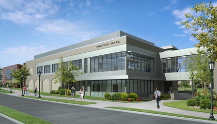 Pozycki Hall view of Pedestrian Bridge