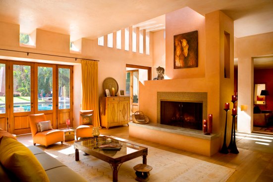 Mandeville Canyon modern home open volume living room with skylights