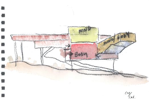 Watercolor of the Campbell Sports Center at Columbia University by architect Steven Holl, FAIA.