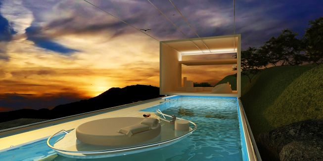 sun set view  from kitchen : spaces change their aspect according to different moods