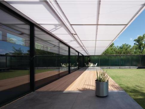 The operable awning in its lowered position.