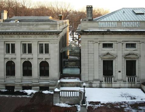 The Glass Link serves as a connection between the American Academy of Arts and Letters building (shown at right) and the American Numismatic Society building, which the academy acquired in 2005.