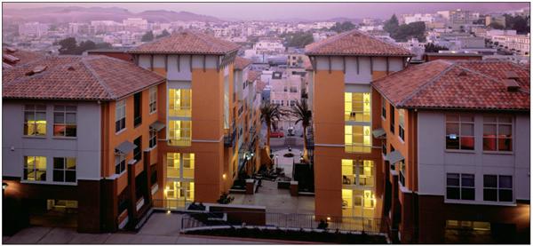 Layered in tiers that step up the hill, the apartments command panoramic views.