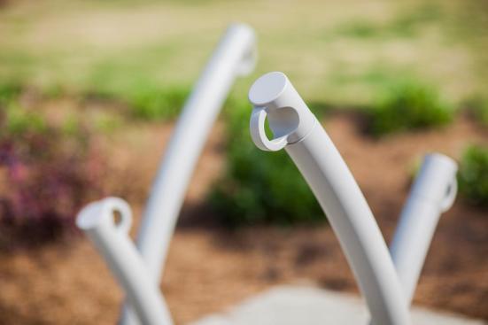 Bike Garden Bike Racks shown in cast-in-place configuration with Aluminum Texture powdercoat at Historic Fourth Ward Park, Atlanta, Georgia