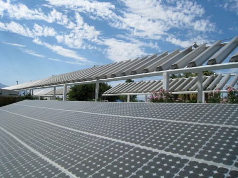 A large solar array powers the entire facility