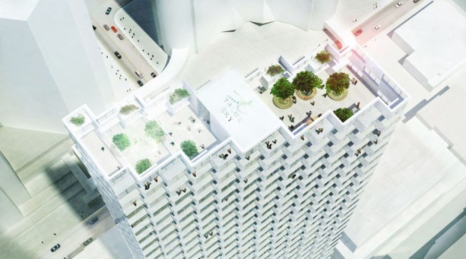 Aerial rendering of roof deck. 