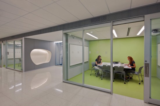 A variety of flexible study spaces are dispersed throughout the building adjacent to classrooms.