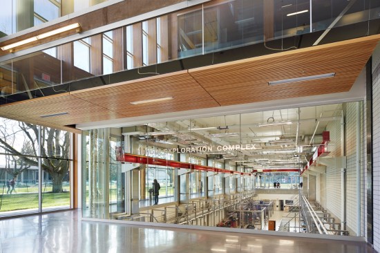 Rather than bury high-head laboratories below grade, the upper half of these labs penetrates the first floor with floor-to-ceiling windows.