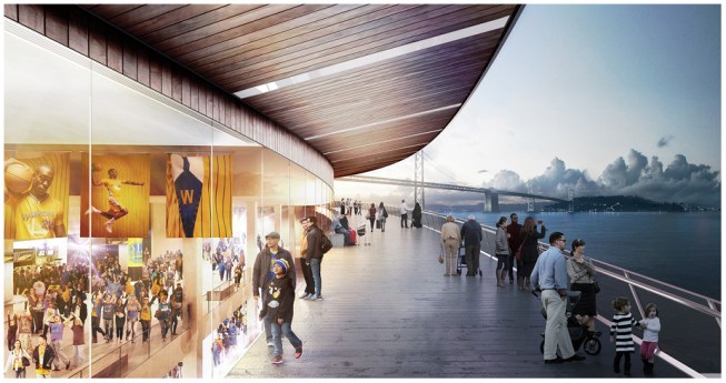 Rendering of the new arena's outdoor terrace overlooking San Francisco Bay.