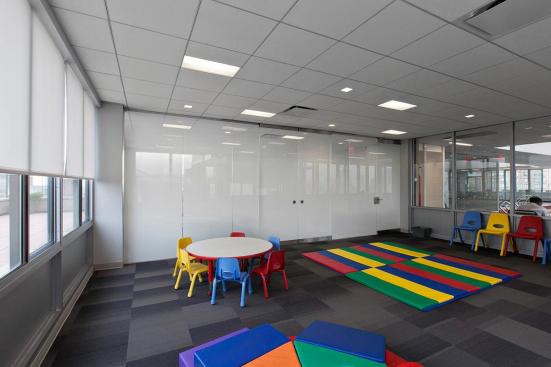 Partition wall and doors in ViviGraphix Gradiance glass with Scatter interlayer and Standard finish at Gracie Mews Pool & Health Club, New York, New York