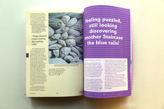 On the left is a portion of the Q&A with Marjan Coletti, author, professor, and principal of marcosandmarjan, discussing his influences and opinions of what spectacular architecture is. On the right is long-form prose paralleling the function of a staircase to how LOBBY works as a platform for architectural discussion.