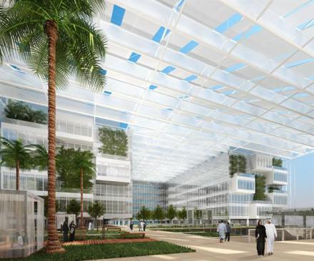 Rendering of rooftop commons view toward general hospital