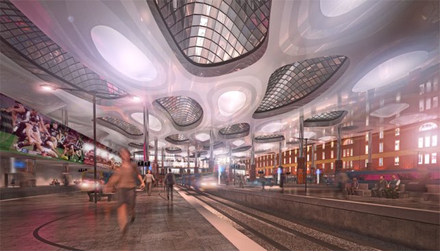 Train platforms and ceiling.