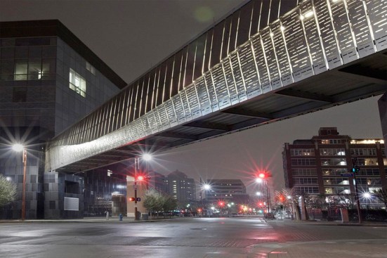 Bridge upper panels in Stainless Steel with Sandstone finish and custom Eco-Etch pattern; lower panels in Stainless Steel with Sandstone finish and custom screen pattern at the Houston Ballet Center for Dance, Houston, Texas