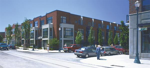 Architect Jim Bodoia designed the exteriors of the townhomes as a stylized version of the Pearl District's many brickware houses. Each unit has multiple privateoutdoor spaces, like rear terraces, roof gardens,and front balconies