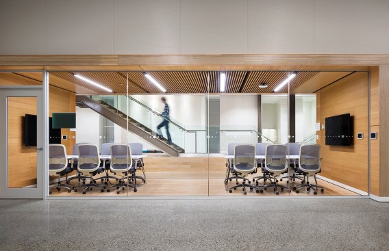 View from a classroom through the research room to the atrium.