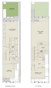 The garden-level and first-floor plans at Thin Flats.