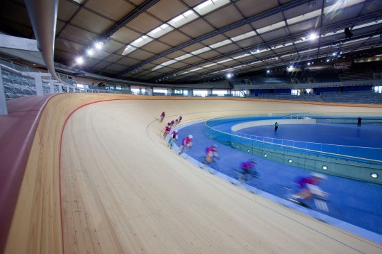 Cyclists during a trial run at the Velodrome.