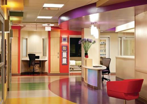 Pops of color provide visual relief throughout the facility, including the fifth-level intensive care nurses' station.