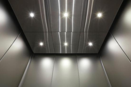 Elevator ceiling in Stainless Steel with Satin finish at Mission City Corporate Center, San Diego, California