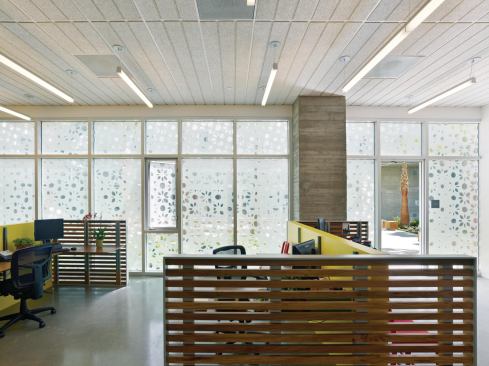 A pattern applied to the windows of the clinic and counseling spaces maintains privacy.