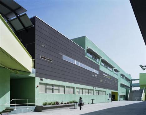 Library entrance with connecting bridges