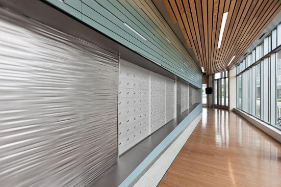 Wall panel in Stainless Steel with Sandstone finish and Kalahari Impression pattern at Salem State University, Salem, Massachusetts