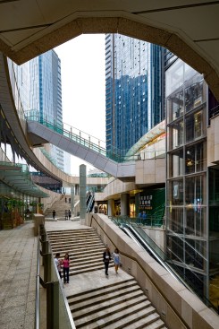 Evergrande Huazhi Plaza, Chengdu, China, by Aedas - Outdoor escalators and staircases linking up different levels of The ONE