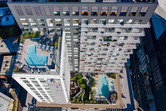 Overhead view of the two pool terraces.