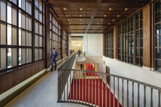 An upper-level hallway outside the auditorium.