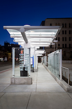 The canopy's modular, angled design also conveniently avoided utility lines and more effectively shed water into the gutter system, according to Maynes. EXTECH engineered the custom gutter and downspout as integral to the canopy system's extruded aluminum framing.