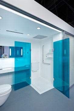 The+elegant+teal+color+of+the+glass+shower+doors+was+custom+created+by+Bendheim+to+help+David+Ruthven+realize+his+vision+for+the+Patient+Room+2020+color+palette.+