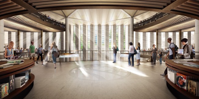 Entry to the new circulation library, with landing overlooking atrium. 